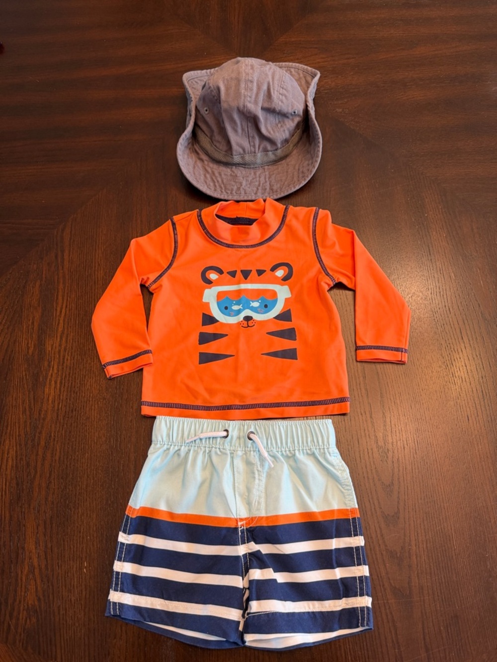 Carter's Orange Tiger Rash Guard Set with Blue Striped Swim Shorts and Hat